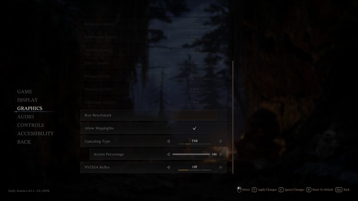The graphics settings menu of a game is displayed, showing options for 'Reflection Quality,' 'Upscaling Type' set to 'TSR,' and 'Screen Percentage' at '100'.