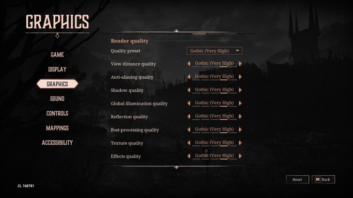 The graphics settings menu in a game shows all options set to 'Gothic (Very High),' including quality preset, view distance, anti-aliasing, shadows, global illumination, reflection, post-processing, texture, and effects quality.