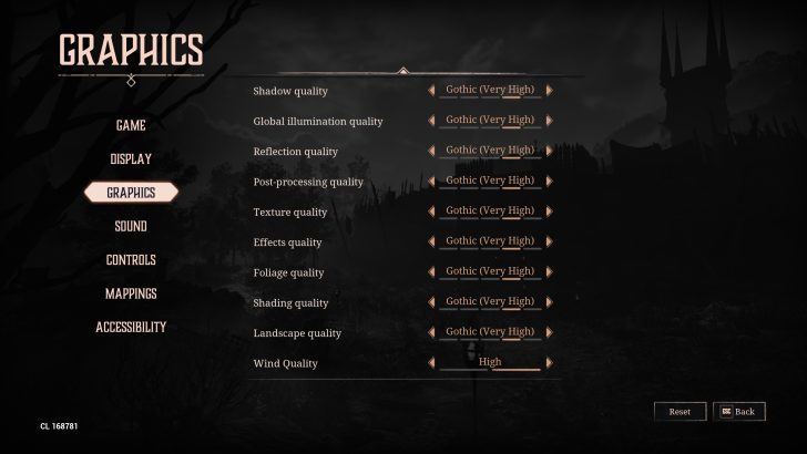 The graphics settings menu of a game is displayed, showing multiple quality options set to 'Gothic (Very High)' and 'Wind Quality' set to 'High'.
