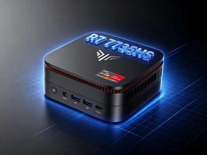 A compact black KAMRUI mini PC features text 'R7 7735HS' with AMD Ryzen 7 and Radeon graphics logos on its surface.
