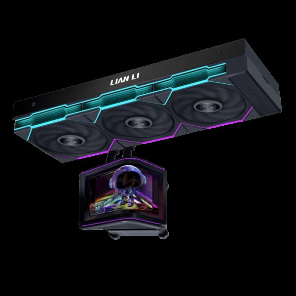 A Lian Li cooling system features RGB lighting and a digital display panel showing a futuristic graphic.