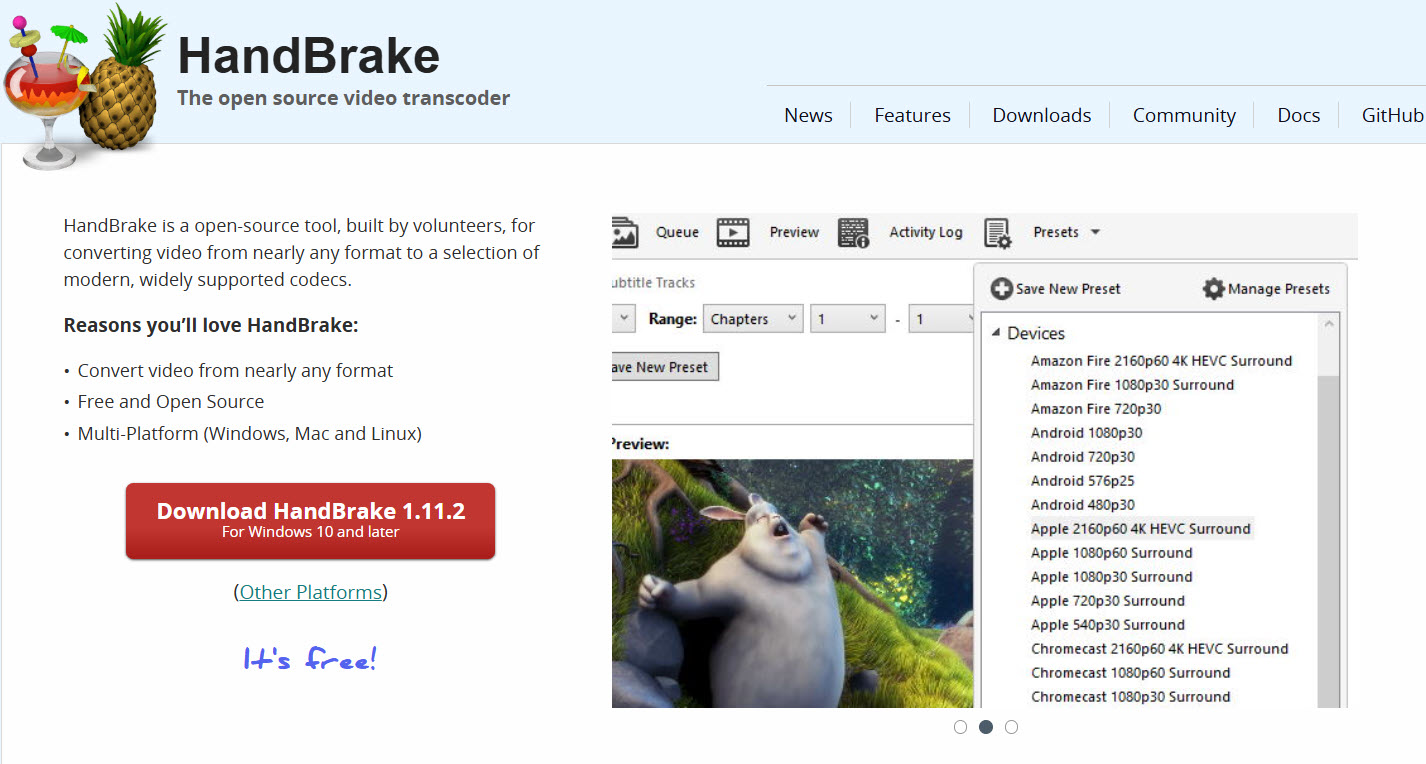 The HandBrake website displays its logo, video transcoder description, and a list of device presets, with a 'Download HandBrake 1.11.2' button for Windows.