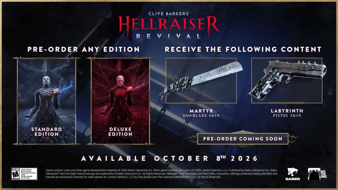 The promotional image for Clive Barker's Hellraiser Revival shows the Standard Edition and Deluxe Edition alongside rewards like the 'Martyr Sawblade Skin' and 'Labyrinth Pistol Skin,' with an release date of 'October 8th, 2026.'