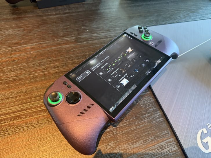 A ROG Ally gaming handheld displaying a user interface with several icons and options on its screen.