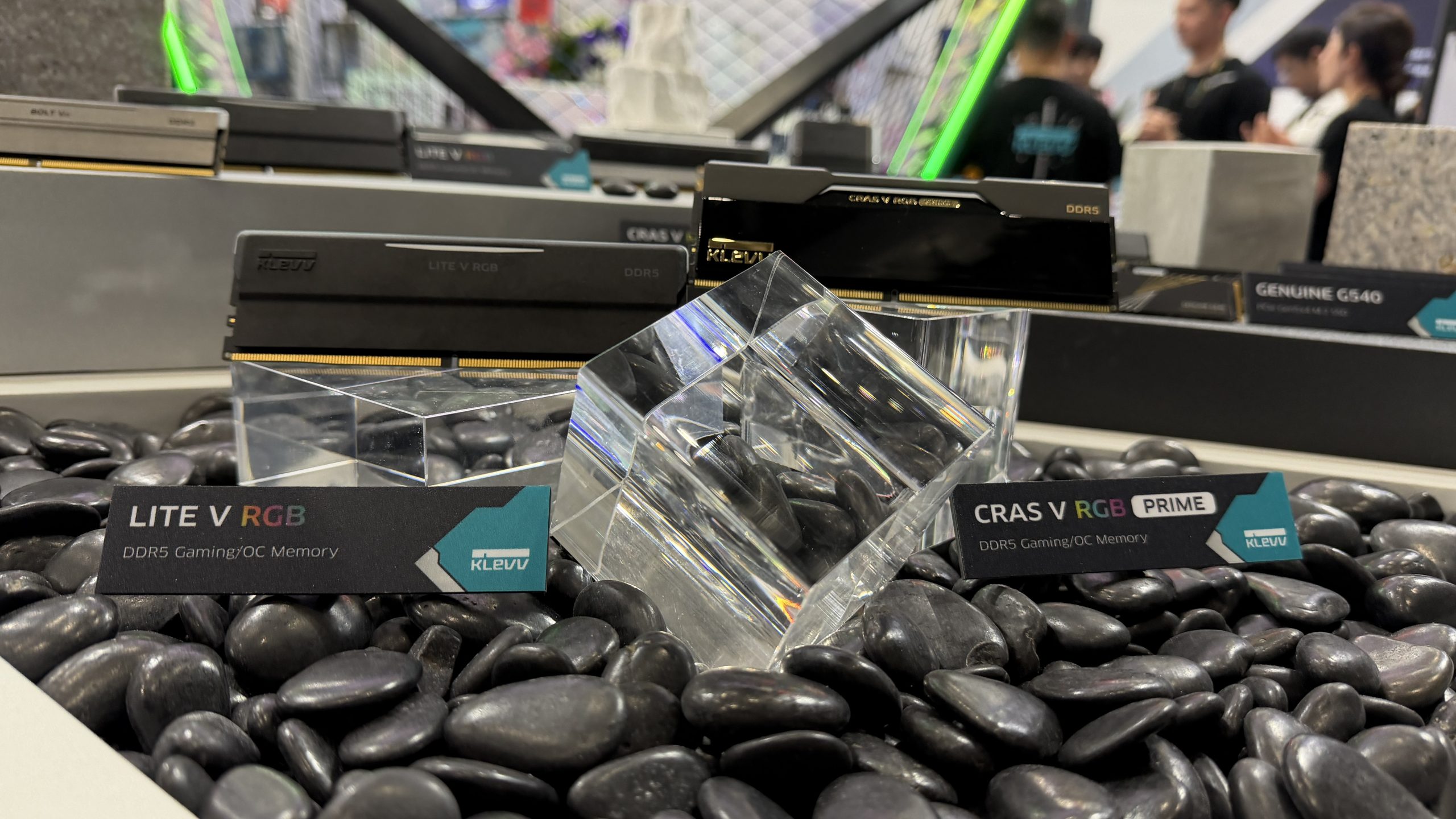 Klevv Lite V RGB and Cras V RGB Prime DDR5 memory modules are displayed on black stones with Klevv branding.