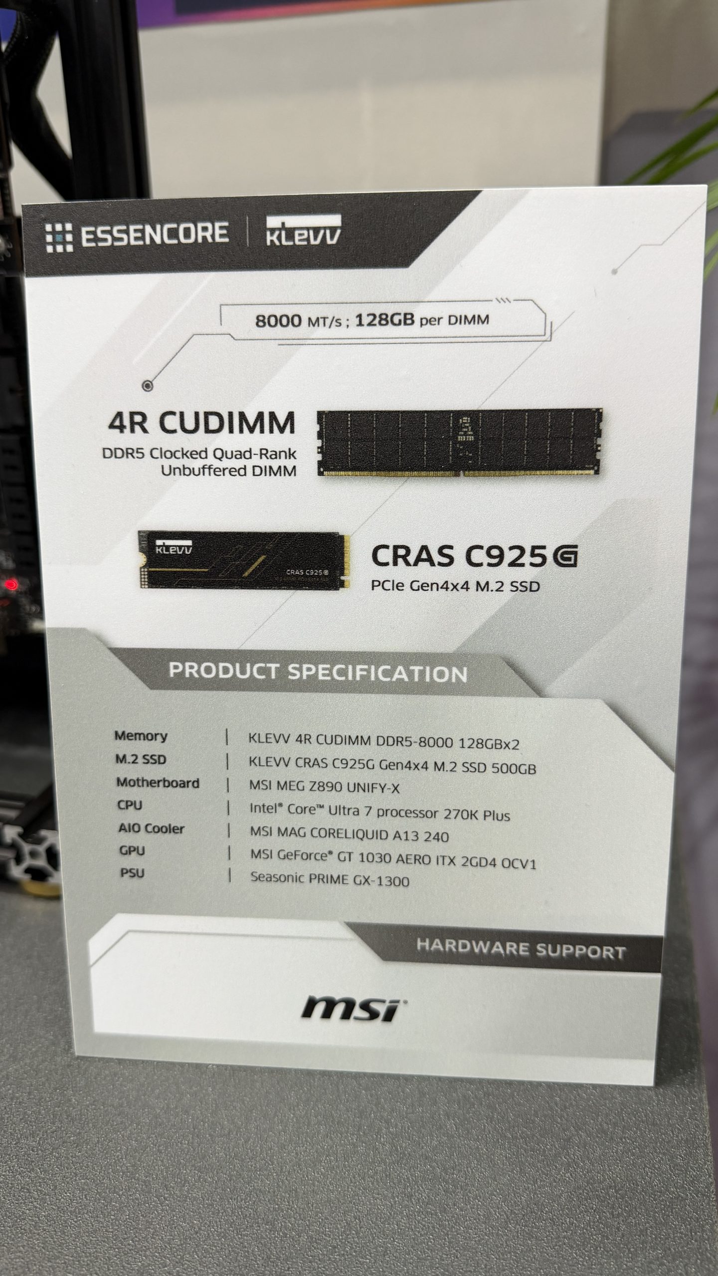 A product specification sheet shows the Klevv 4R CUDIMM DDR5 Clocked Quad-Rank Unbuffered DIMM and Klevv CRAS C925G PCIe Gen4x4 M.2 SSD with details including '8000 MT/s,' '128GB per DIMM,' and various MSI components.