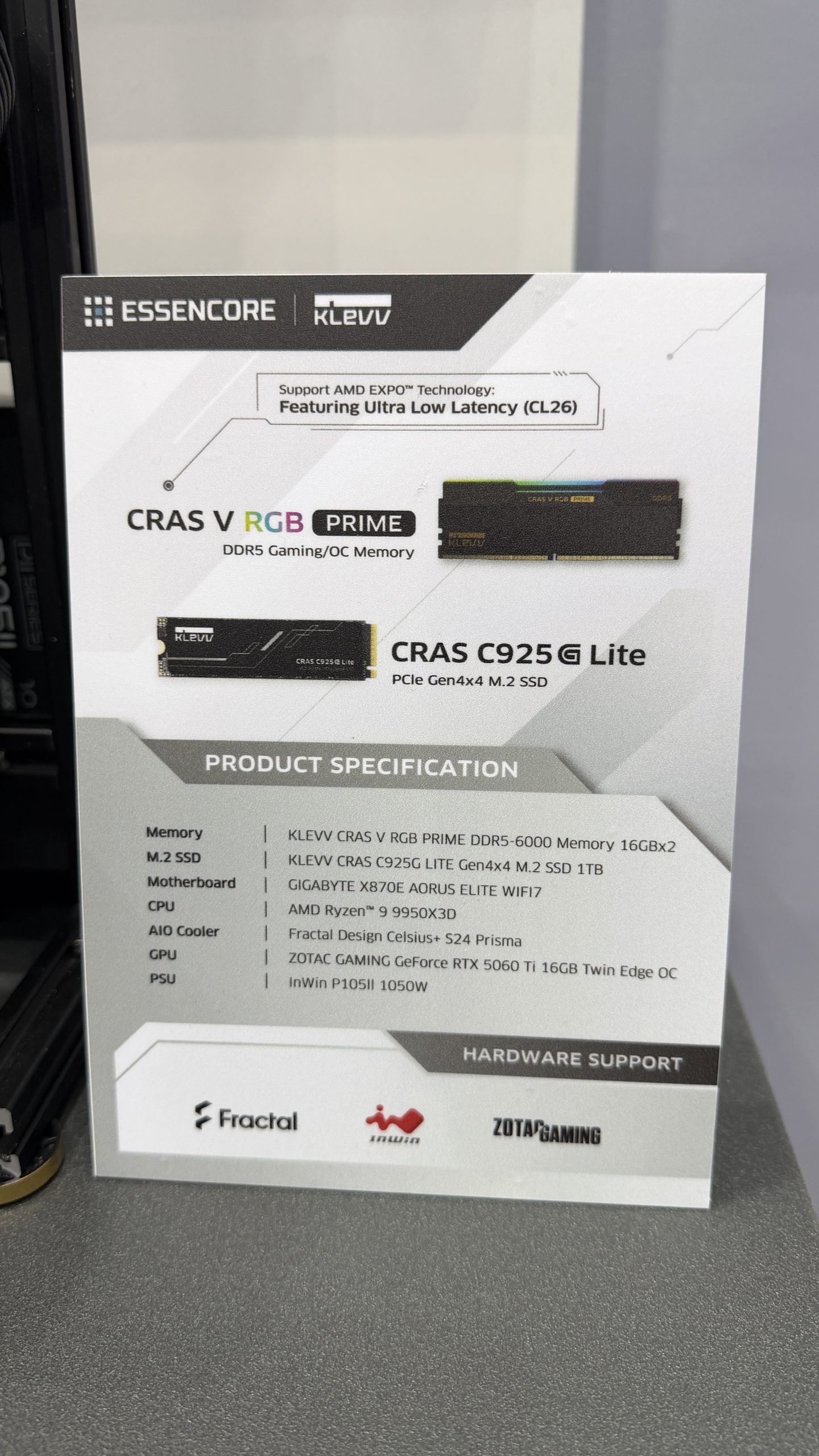 A display card shows details of KLEVV Cras V RGB Prime DDR5 Gaming/OC Memory and KLEVV Cras C925G Lite Gen4x4 M.2 SSD, with a product specification listing components like AMD Ryzen 9 9950X3D CPU and ZOTAC GAMING GeForce RTX 5060 Ti 16GB Twin Edge OC GPU.