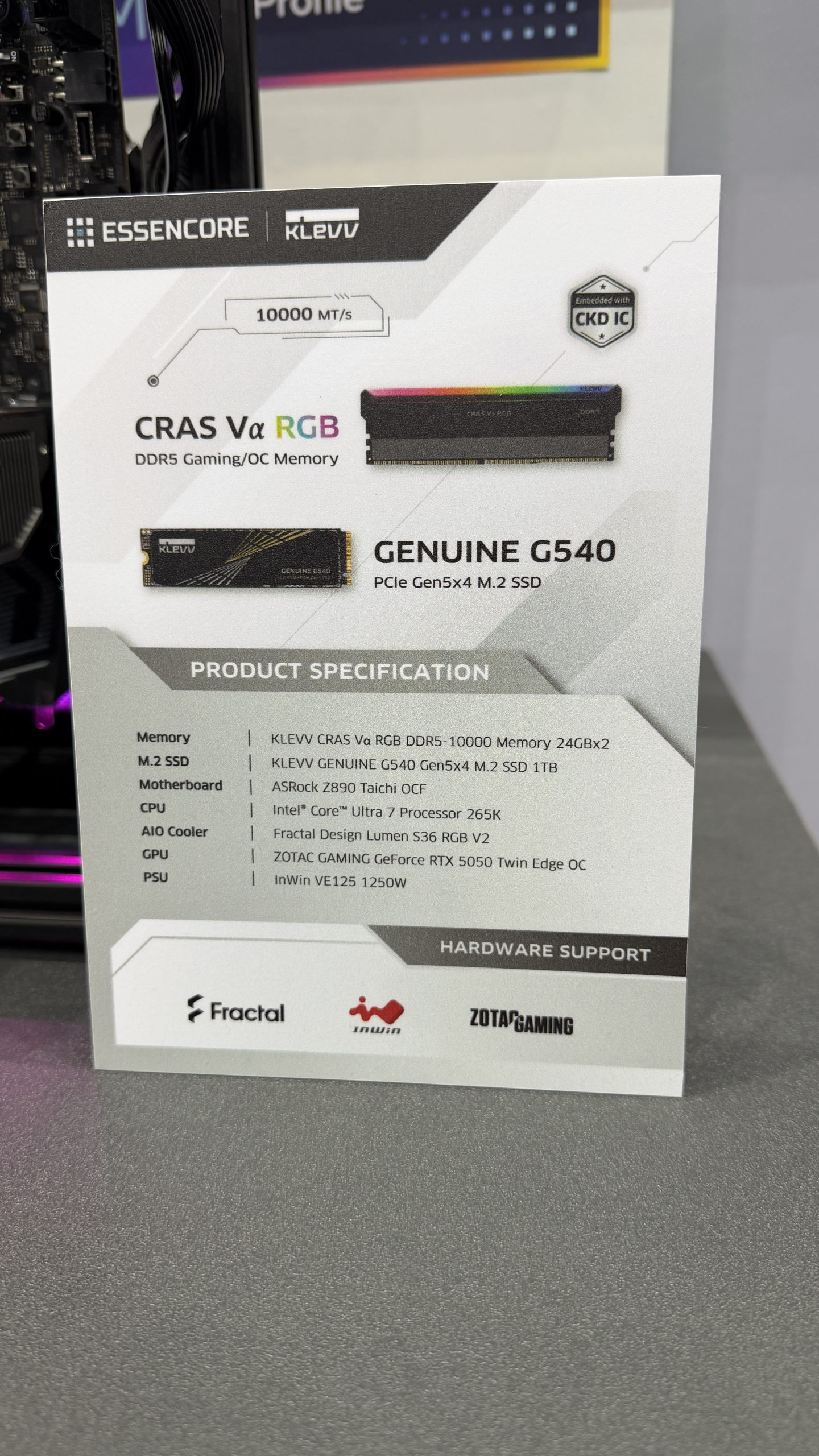 A product specification card for KLEVV featuring the CRAS Vα RGB DDR5 Gaming/OC Memory and the GENUINE G540 PCIe Gen5x4 M.2 SSD, showing compatibility with an ASRock Z890 Taichi OCF motherboard and an Intel Core Ultra 7 Processor 265K.