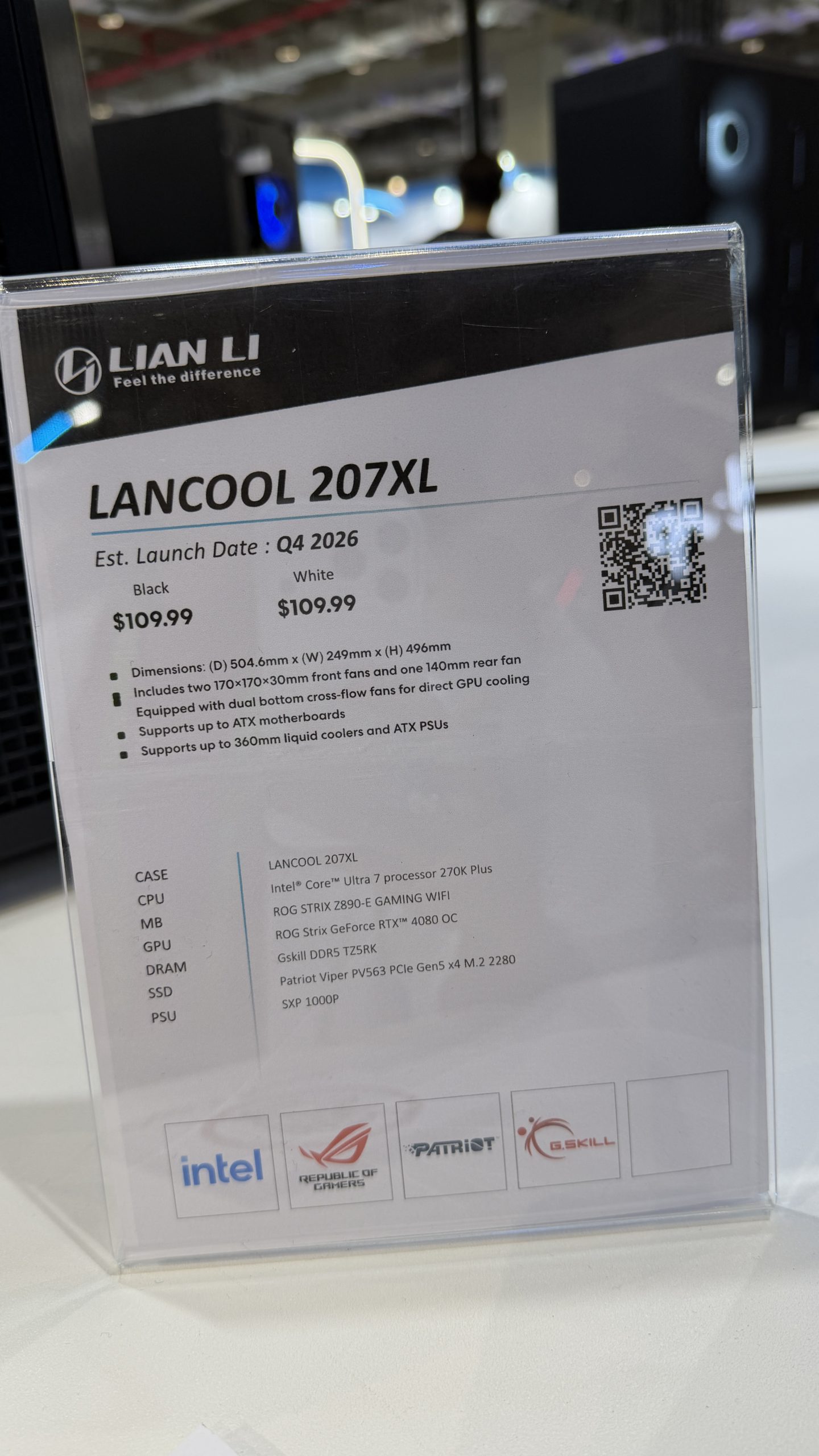 A display card for the Lian Li LANCOOL 207XL case shows specifications, including an Intel Core Ultra 7 processor 270K Plus and ROG Strix GeForce RTX 4080 OC, with an expected launch date of Q4 2026 and a price of $109.99.