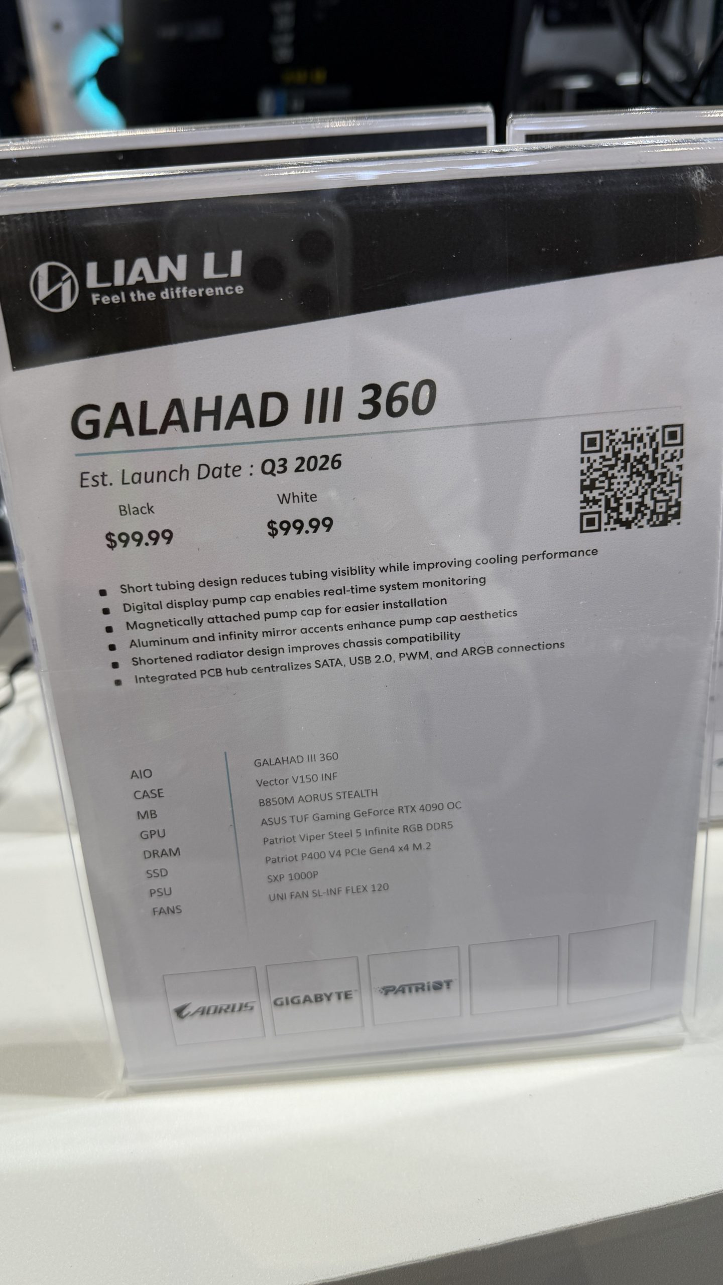 A display showcases the Lian Li 'GALAHAD III 360' with an estimated launch date of Q3 2026, priced at $99.99 in both black and white.