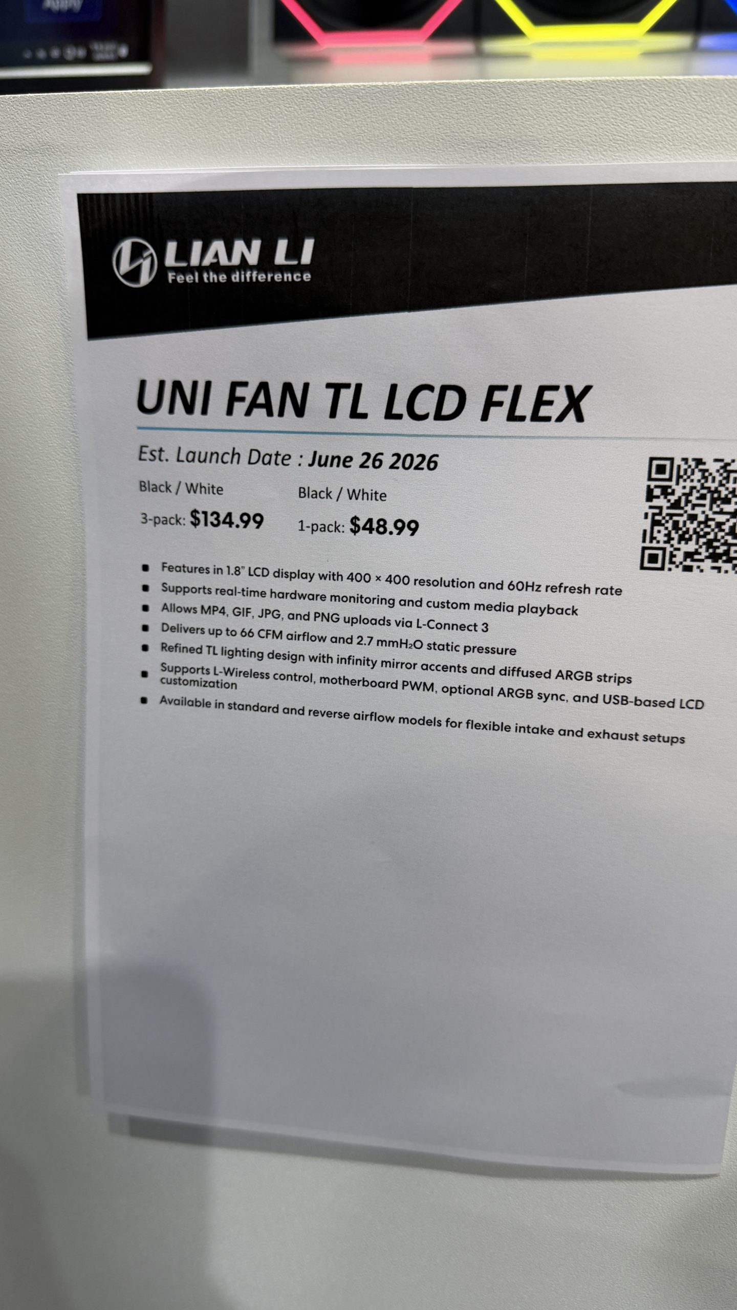 A Lian Li product flyer details the UNI FAN TL LCD FLEX launching on June 26, 2026, featuring a 1.8-inch LCD display with 400x400 resolution and a price of $134.99 for a 3-pack.