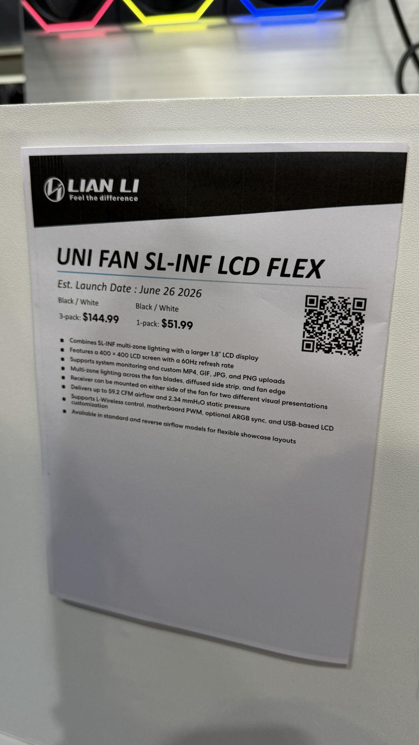 A Lian Li product sheet for 'UNI FAN SL-INF LCD FLEX' shows features and pricing, with a launch date of June 26, 2026, and prices for 3-pack and 1-pack at $144.99 and $51.99, respectively.
