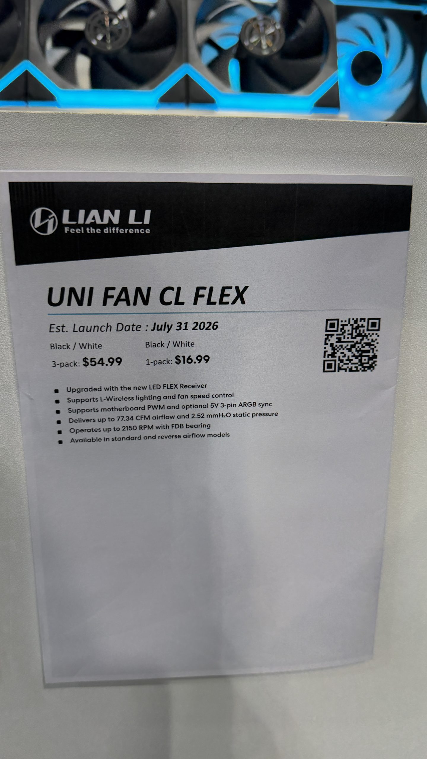 A Lian Li display features the 'UNI FAN CL FLEX' with an estimated launch date of July 31, 2026, priced at $54.99 for a 3-pack and $16.99 for a 1-pack, highlighting features such as the LED FLEX Receiver and up to 77.34 CFM airflow.