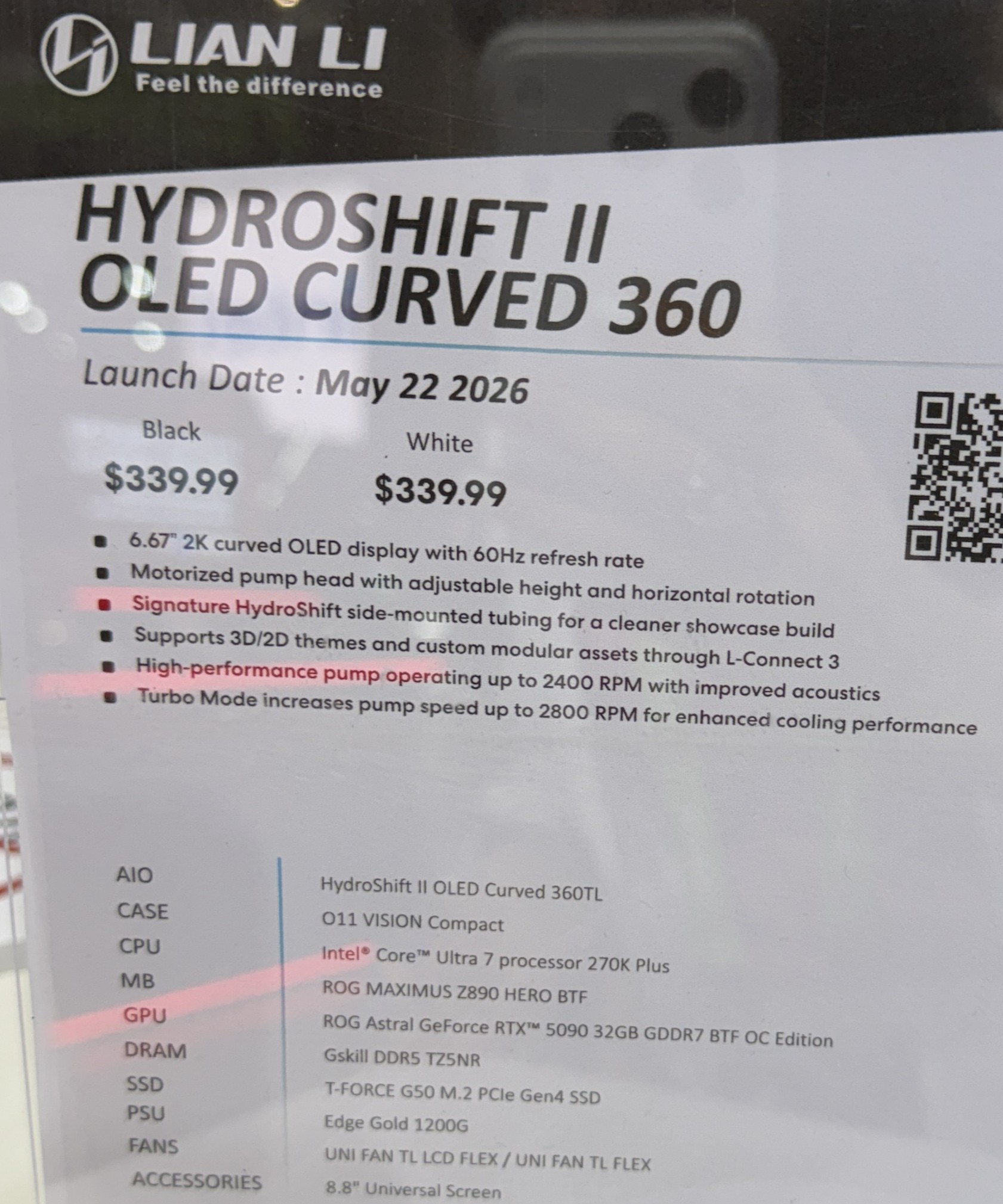 The image shows details of the Lian Li HydroShift II OLED Curved 360 priced at $339.99, featuring a 6.67 2K curved OLED display, motorized pump head, and turbo mode, with a setup specification listing Intel Core Ultra 7 processor 270K Plus and ROG Astral GeForce RTX 5090 32GB.