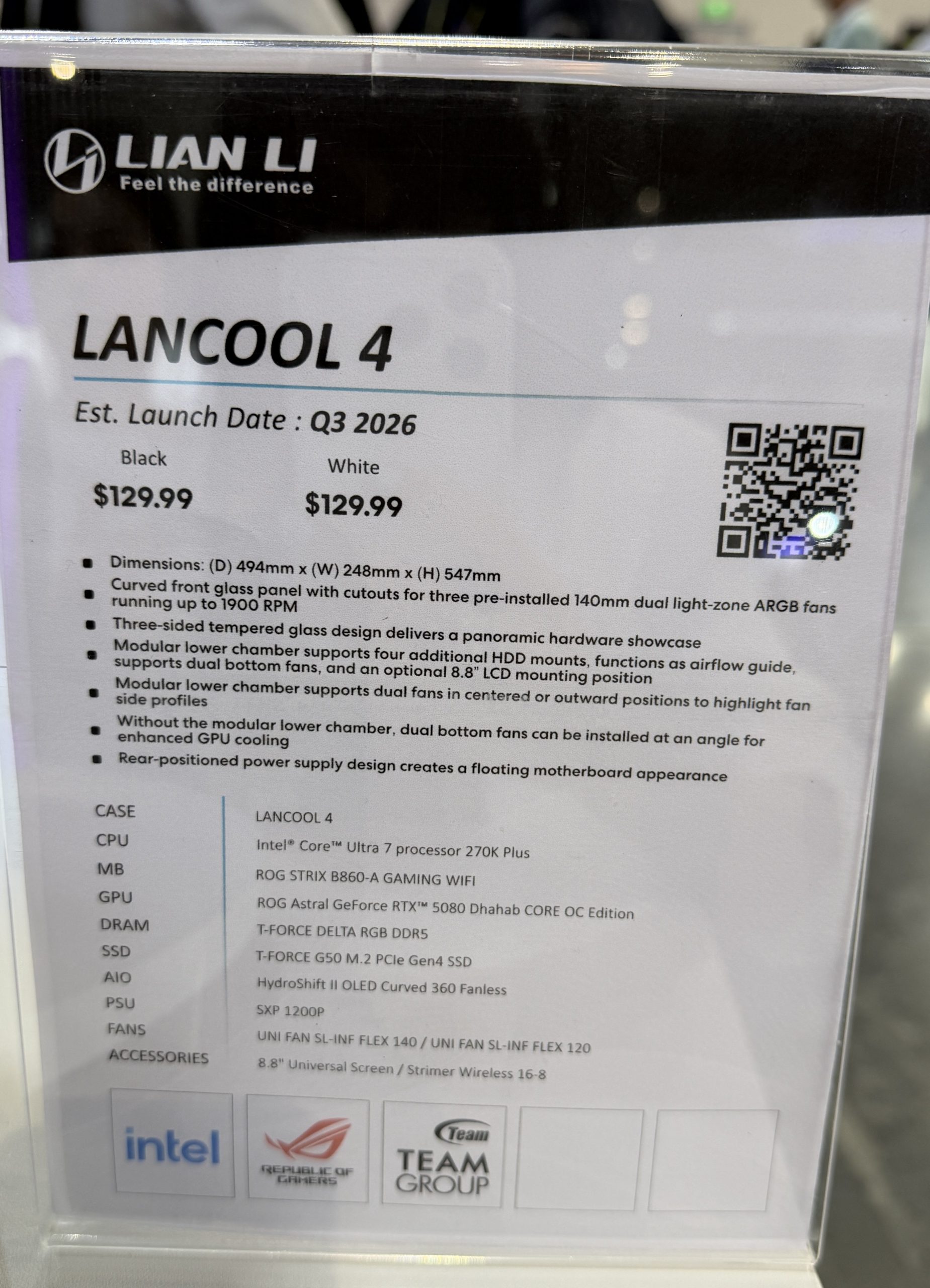 A presentation board shows the Lian Li Lancool 4 with an estimated launch date of Q3 2026, priced at $129.99 for black and white versions, featuring an Intel Core Ultra 7 processor 270K Plus, ROG STRIX B860-A GAMING WIFI, and ROG Astral GeForce RTX 5080 Dhahab CORE OC Edition.