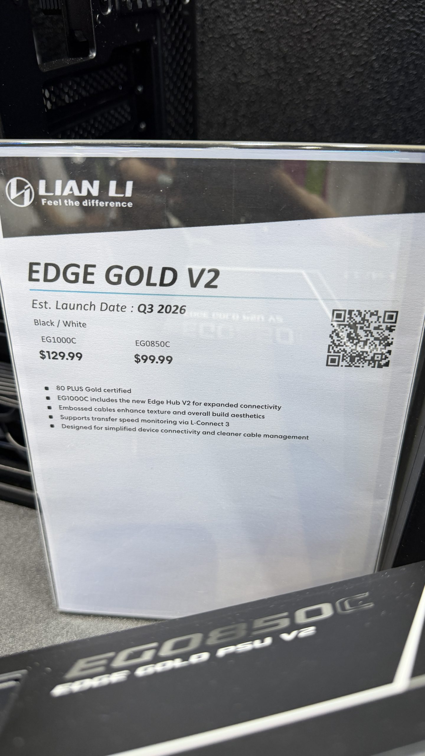 A Lian Li sign displays details for the 'Edge Gold V2' power supplies, listing models EG1000C at $129.99 and EG0850C at $99.99, with an estimated launch date of Q3 2026.