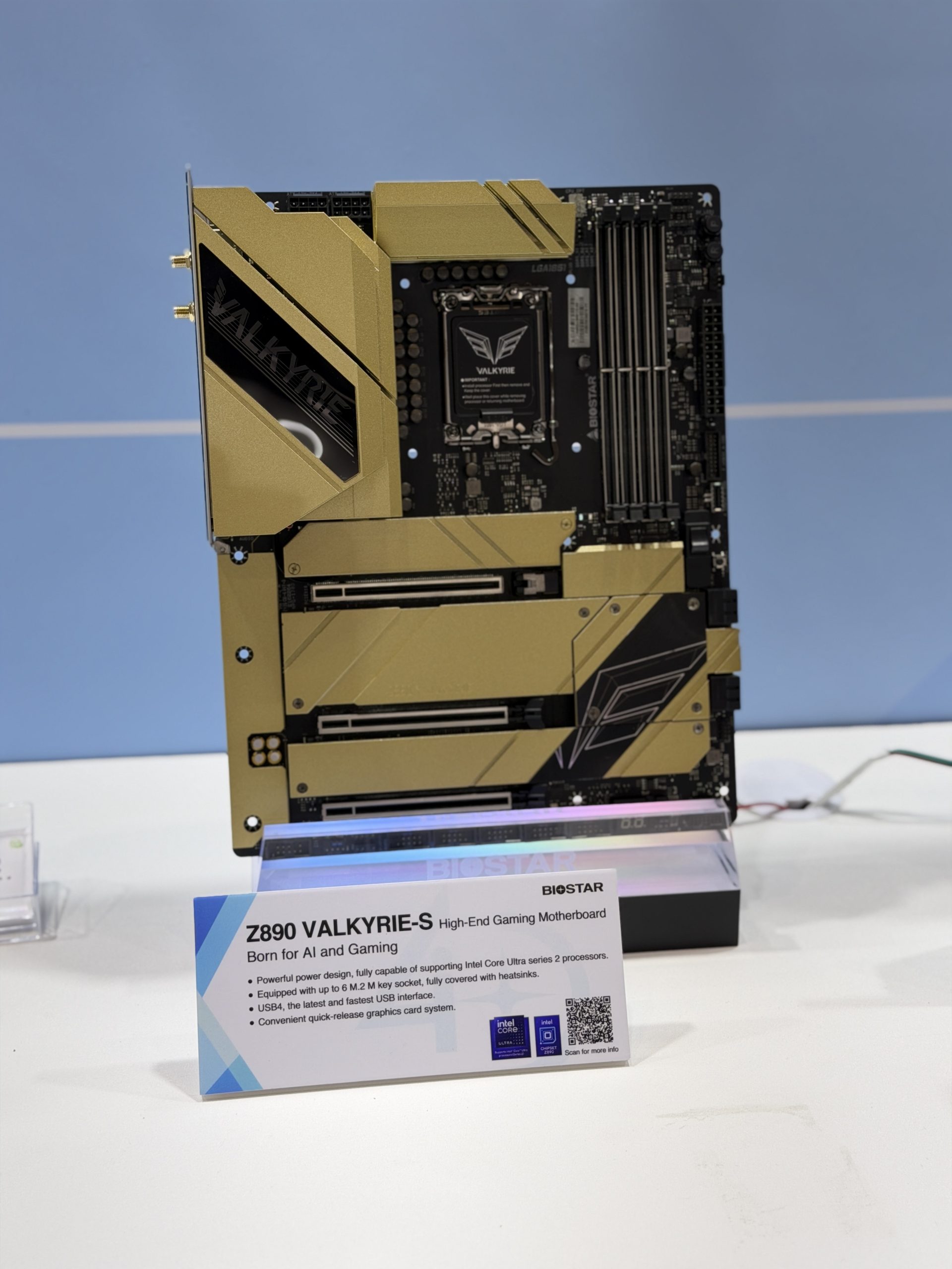 The Biostar Z890 Valkyrie-S high-end gaming motherboard is displayed on a stand, emphasizing its design and features for AI and gaming.