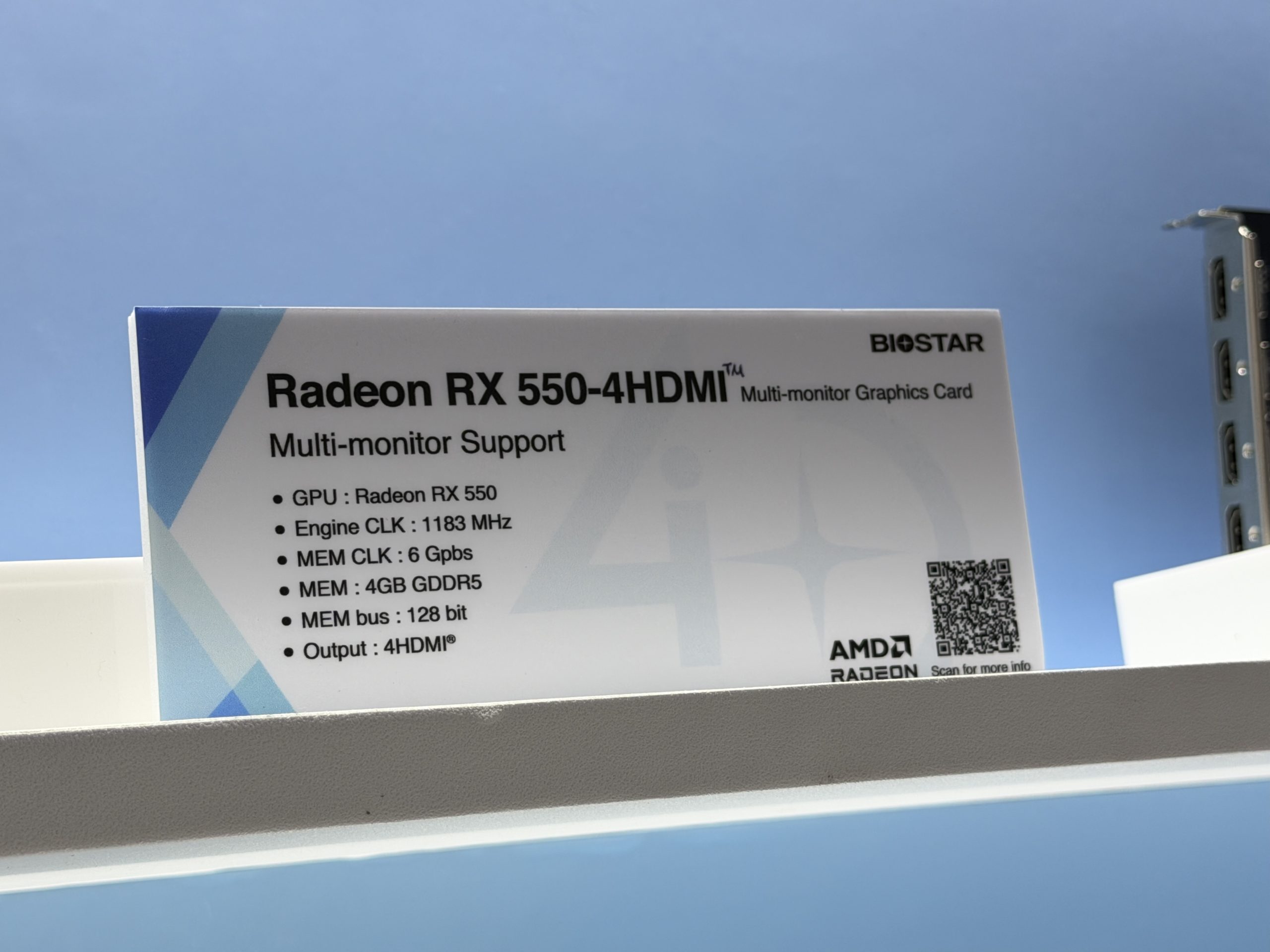 A display card shows specifications for the Biostar Radeon RX 550-4HDMI graphics card, featuring 'Multi-monitor Support,' an engine clock of 1183 MHz, 4GB GDDR5 memory, and a 128-bit memory bus.