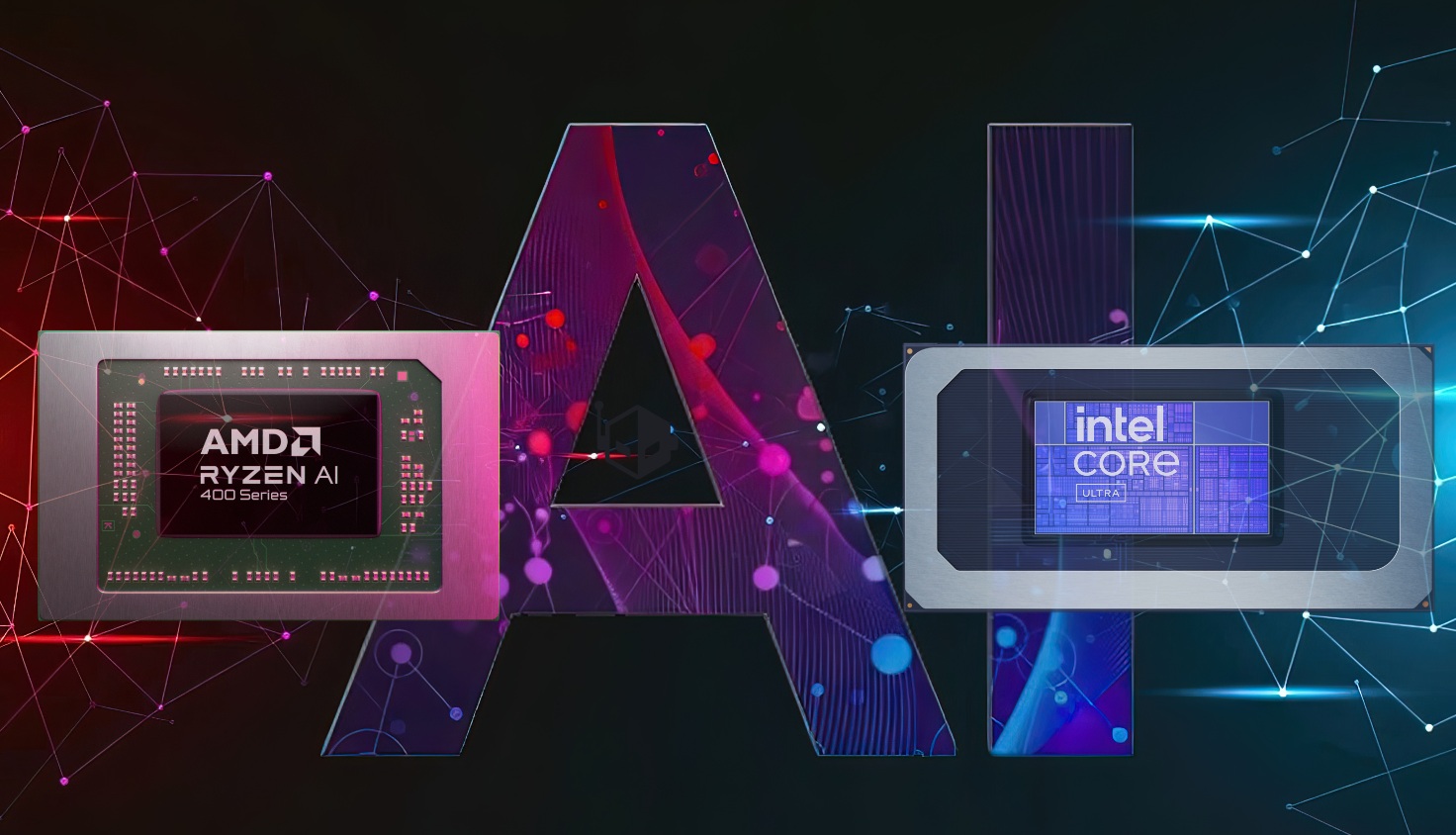 AMD Ryzen AI 400 Series and Intel Core Ultra chips are displayed against a digital network background with the letter 'AI' in the center.