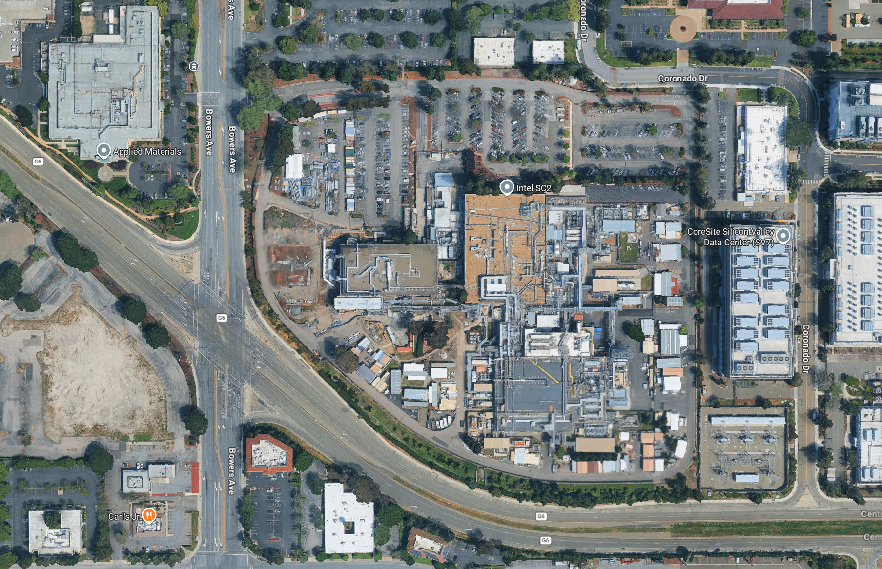 An aerial view shows the Intel SC2 facility and CoreSite Silicon Valley Data Center along with surrounding buildings and roads labeled such as Bowers Ave, Coronado Dr, and Applied Materials.