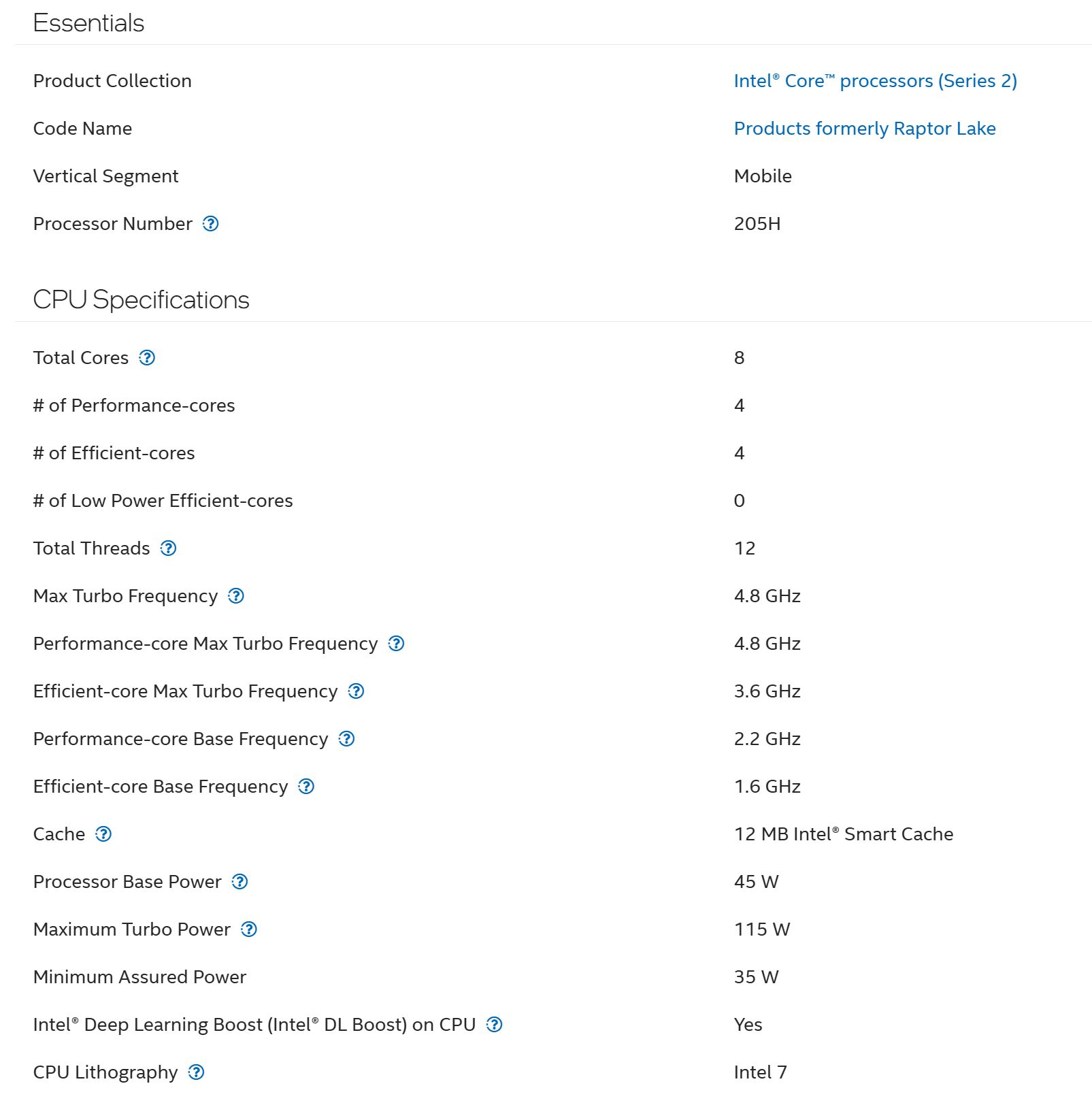 A screenshot displaying specifications for the Intel Core processor (Series 2) model 205H, featuring 8 cores, 12 threads, and a max turbo frequency of 4.8 GHz.
