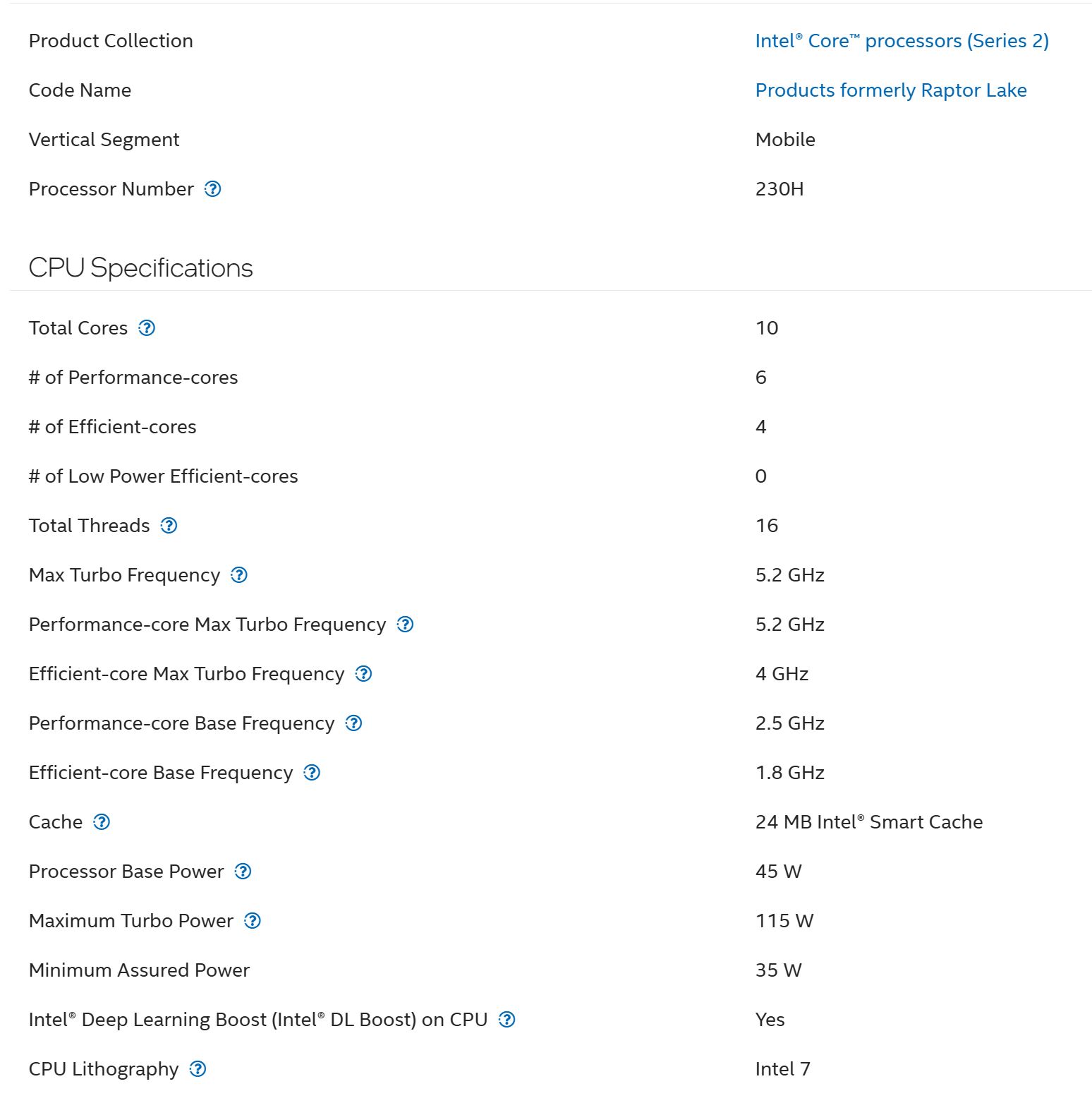 An Intel Core mobile processor, under the 'Products formerly Raptor Lake' series, features 10 cores (6 performance and 4 efficient), 16 threads, a max turbo frequency of 5.2 GHz, and 24 MB Intel Smart Cache.