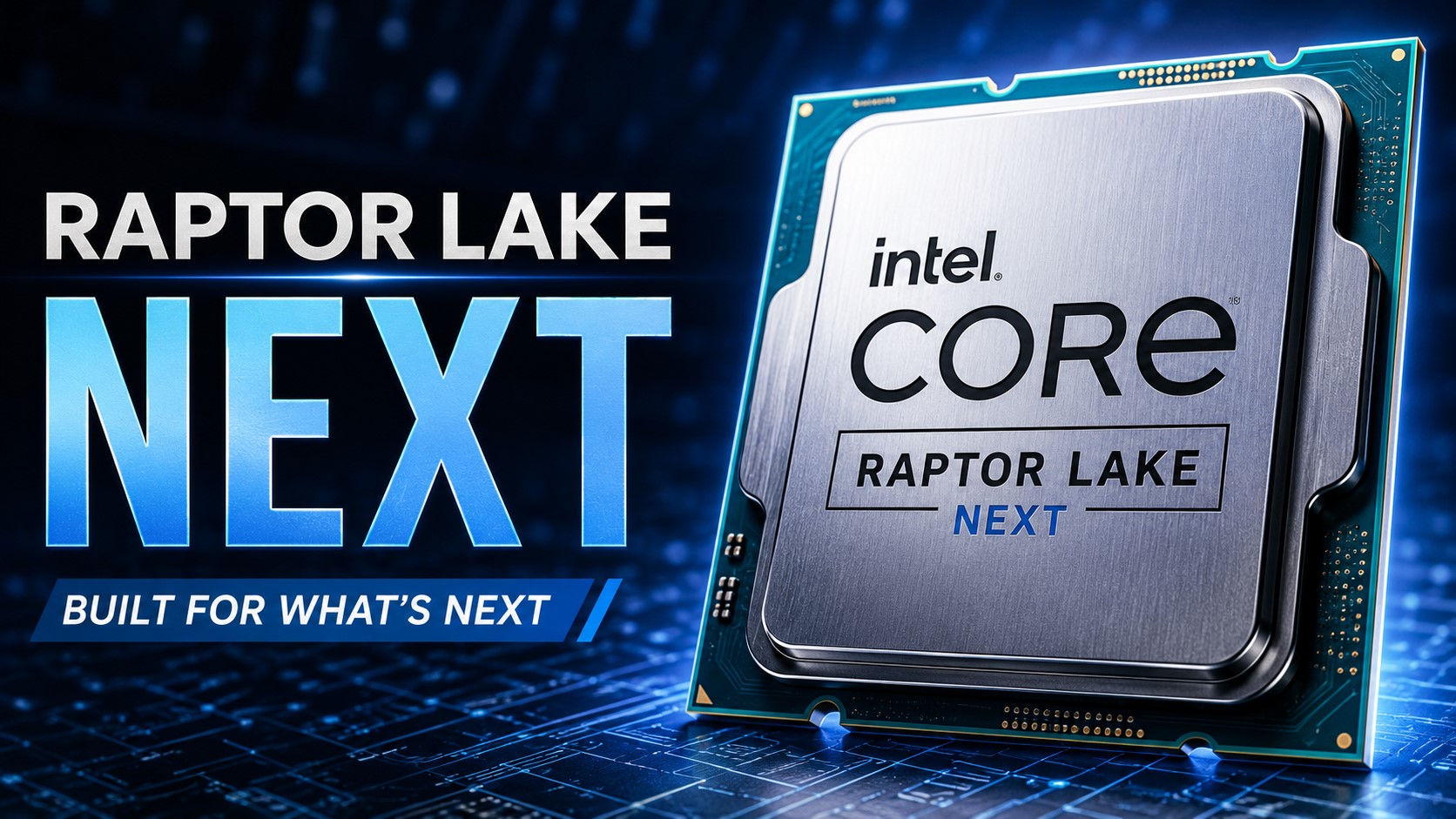 An Intel Core 'Raptor Lake NEXT' processor is displayed next to text that reads 'Raptor Lake NEXT' and 'Built for What's Next.'