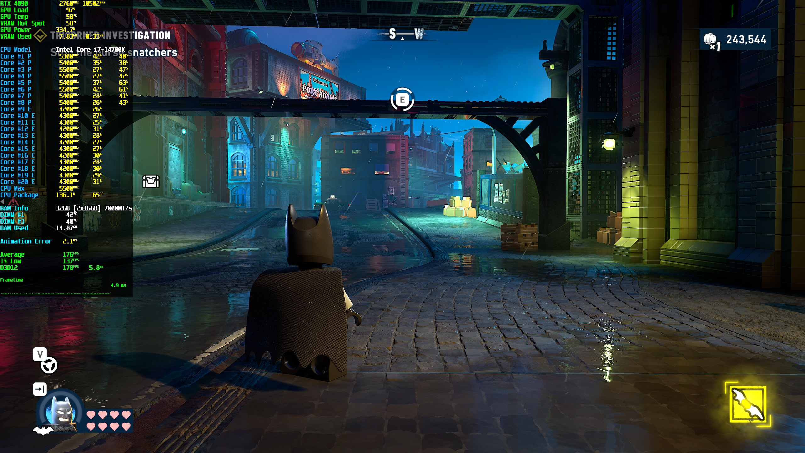 A character dressed as Batman explores a street in the game 'Lego Batman,' with a performance overlay displaying 'Intel Core i7-14700K' and various CPU metrics including temperatures and clock speeds on the left.