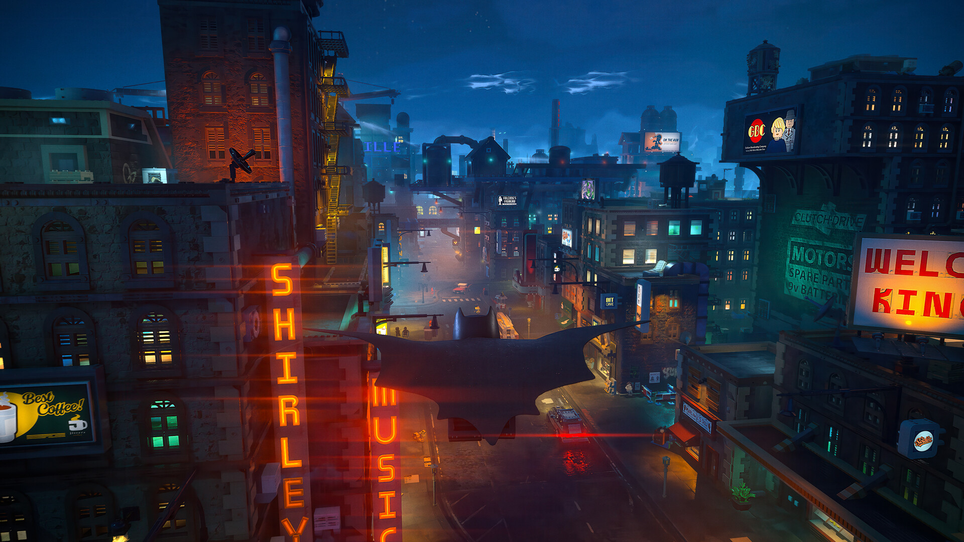 A futuristic cityscape with neon signs, featuring a stealth aircraft flying overhead and prominent 'SHIRLEY' and 'WELCOME' signs.