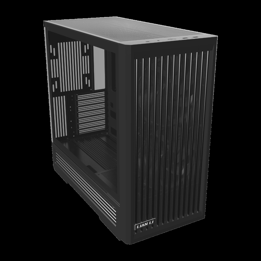 A Lian Li black computer case featuring vertical front slats and a spacious interior for hardware installation.