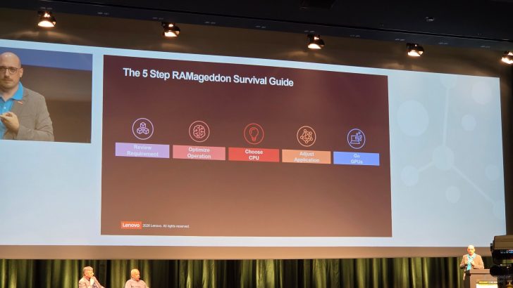 A presentation slide titled 'The 5 Step RAMageddon Survival Guide' is displayed with steps including 'Review Requirement,' 'Optimize Operation,' 'Choose CPU,' 'Adjust Application,' and 'Go GPUs,' with a Lenovo logo at the bottom.