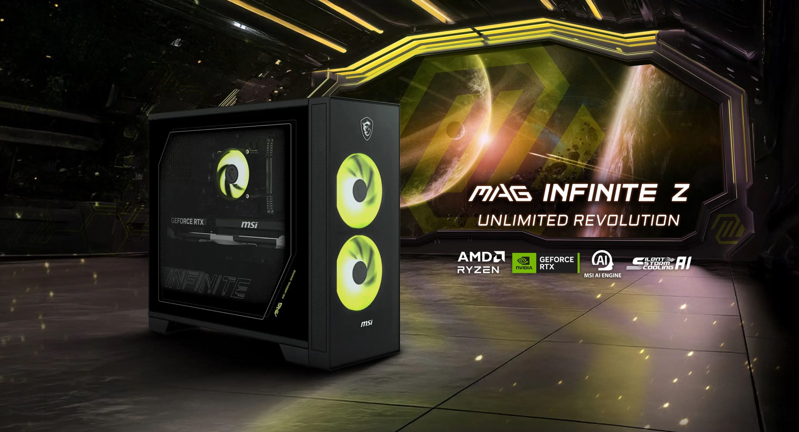 An MSI MAG Infinite Z gaming desktop featuring NVIDIA GeForce RTX with illuminated fans is displayed in a futuristic setting, with the text 'MAG Infinite Z' and logos for AMD Ryzen, NVIDIA GeForce RTX, MSI AI Engine, and Silent Storm Cooling AI.