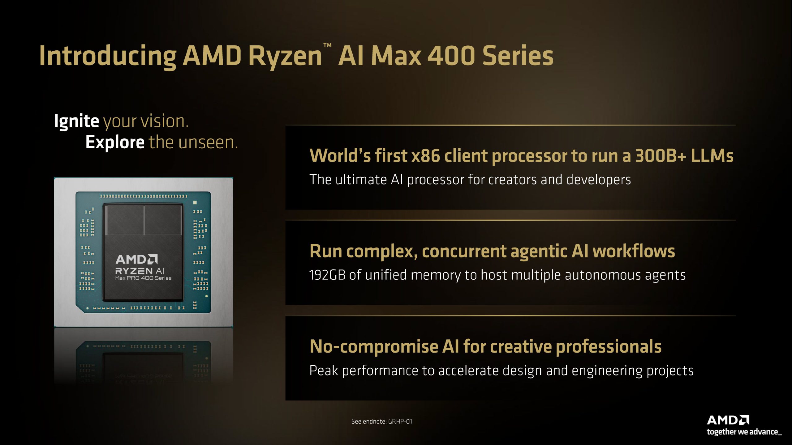 The image shows a presentation slide titled 'Introducing AMD Ryzen AI Max 400 Series,' highlighting features like running a 300B+ LLMs, complex AI workflows with 192GB memory, and high performance for creative professionals, with a chip labeled 'AMD Ryzen AI Max PRO 400 Series.'