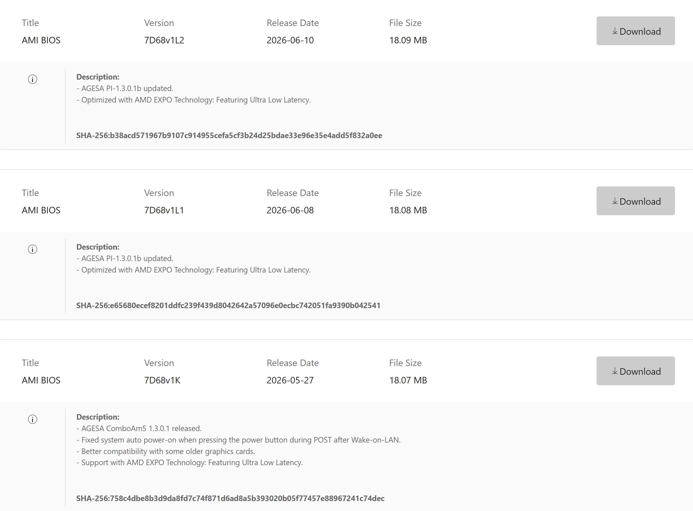 The image displays a list of AMI BIOS versions 7D68v1L2, 7D68v1L1, and 7D68v1K, along with their release dates, file sizes, and descriptions featuring updates like 'AGESA PI-1.3.0.1b updated' and 'Optimized with AMD EXPO Technology: Featuring Ultra Low Latency.'