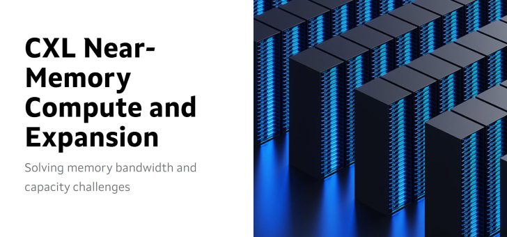 The image features the text 'CXL Near-Memory Compute and Expansion' alongside a visual of multiple stacks of illuminated server racks.