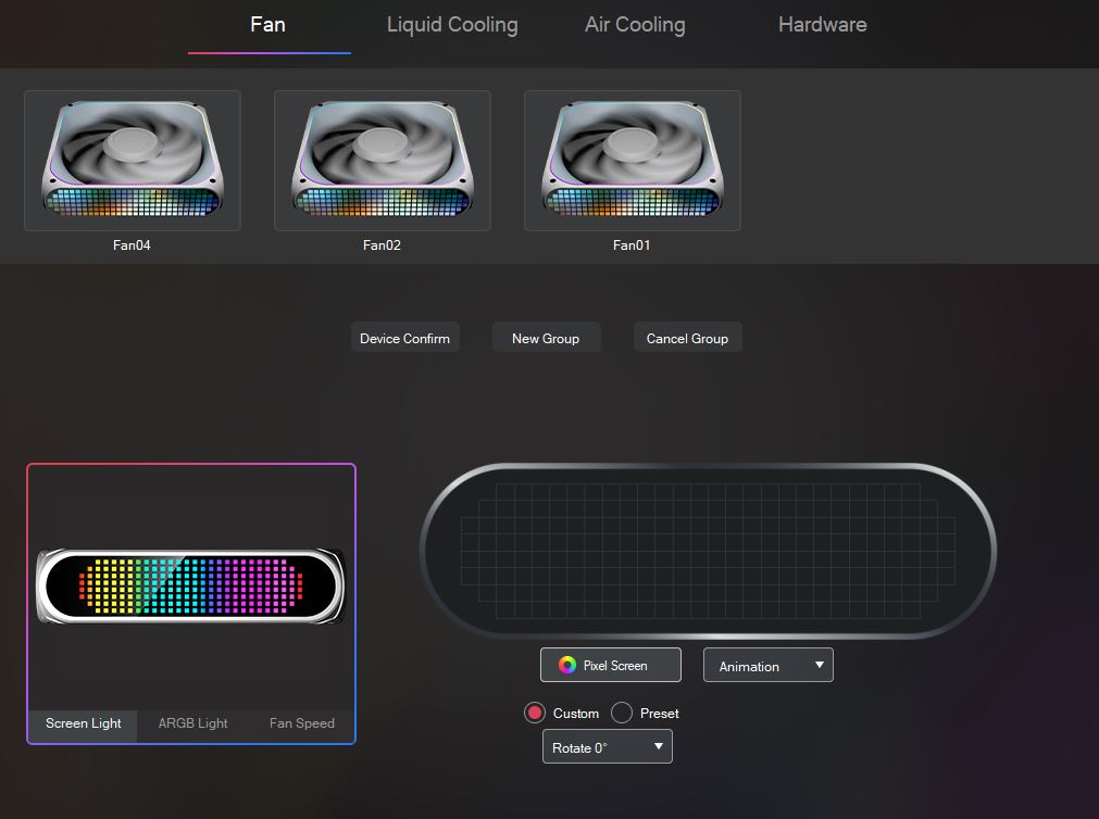 The image shows a user interface for fan control with three fans labeled 'Fan04,' 'Fan02,' and 'Fan01,' and options for 'Screen Light,' 'ARGB Light,' and 'Fan Speed.'