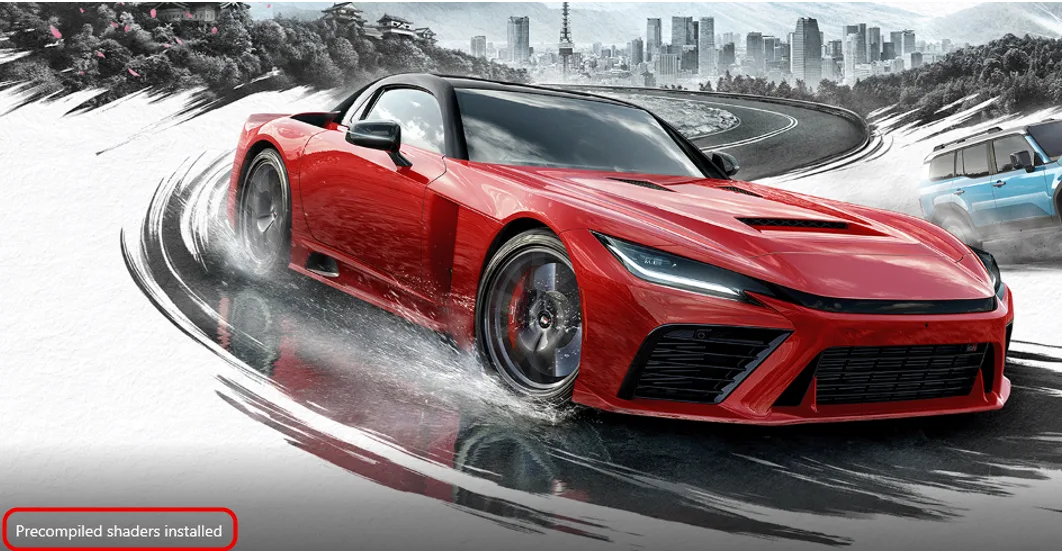 A red sports car skidding on a race track with the on-screen text 'Precompiled shaders installed' at the bottom left.