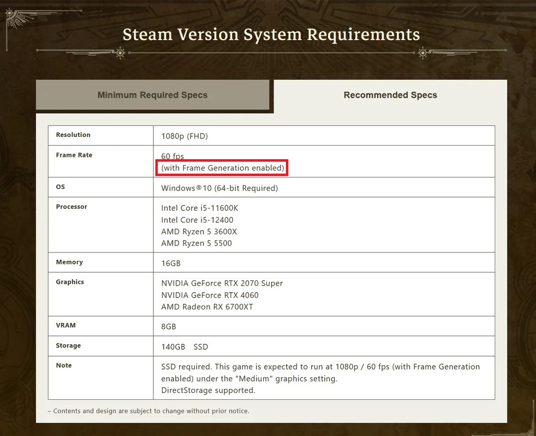 A system requirements chart titled 'Steam Version System Requirements' shows minimum specs including Intel Core i5-11600K and NVIDIA GeForce RTX 2070 Super for 1080p at 60 fps with frame generation enabled.