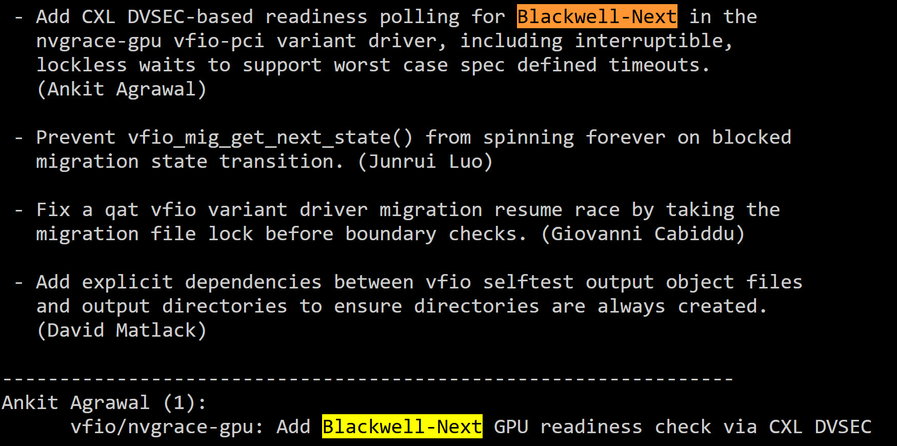 A list of technical notes highlights 'Blackwell-Next' concerning CXL DVSEC-based readiness polling for Vfio-pci variant drivers.