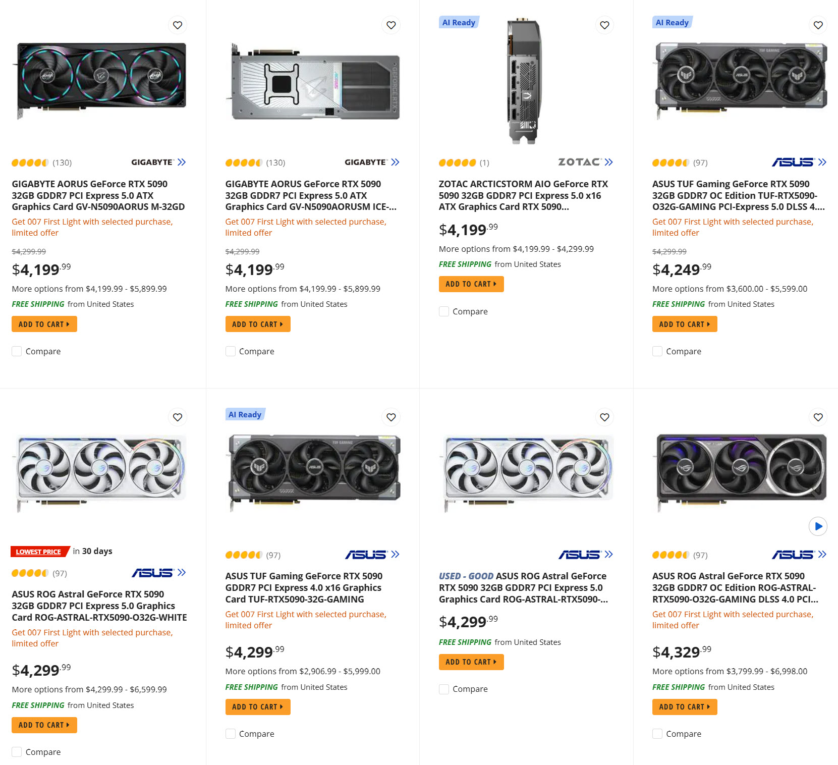 A grid display shows various graphics cards, including the Gigabyte AORUS GeForce RTX 5090, ZOTAC ARCTICSTORM AIO GeForce RTX 5090, and ASUS TUF Gaming GeForce RTX 5090, with prices ranging from $4,199.99 to $4,329.99, some marked as 'AI Ready' or 'Lowest Price.'