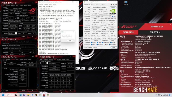 Multiple CPU-Z and GPU-Z windows display details of an Intel Core i9-14900KF overclocked to 6000 MHz and an NVIDIA GeForce RTX 5090 D, alongside a 'GPUPI 3.3' benchmark showing 35.377 seconds.