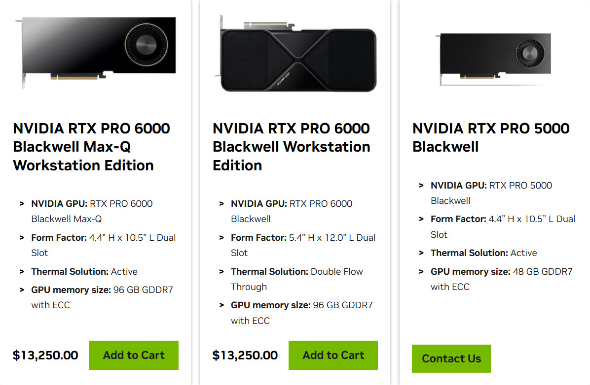 A comparison list of NVIDIA RTX PRO 6000 Blackwell Max-Q, RTX PRO 6000 Blackwell, and RTX PRO 5000 Blackwell graphics cards, showing specifications such as form factor, thermal solution, GPU memory size, and price of $13,250.00 for the 6000 series.