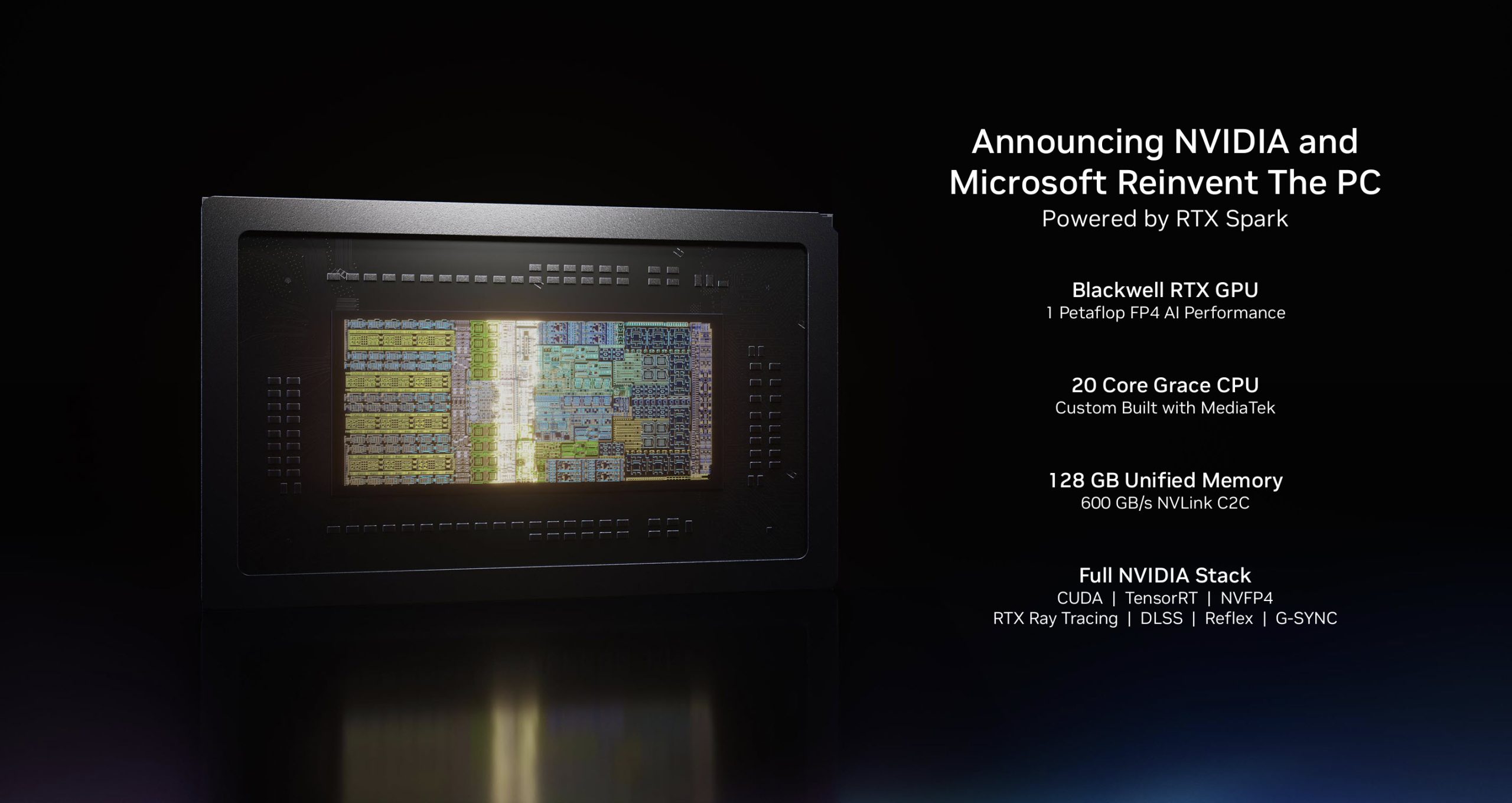 A presentation slide announces NVIDIA and Microsoft Reinvent The PC, featuring a Blackwell RTX GPU with 1 Petaflop FP4 AI performance, a 20 Core Grace CPU custom built with MediaTek, and 128 GB Unified Memory with 600 GB/s NVLink C2C.