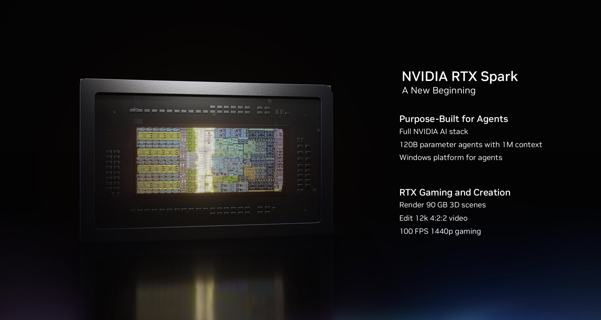 A display featuring the NVIDIA RTX Spark chip alongside descriptive text detailing its AI capabilities and support for high-performance tasks like rendering and gaming.