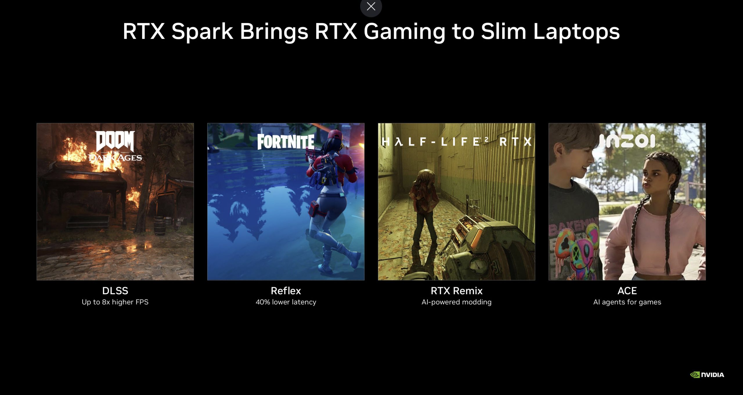 A presentation slide titled 'RTX Spark Brings RTX Gaming to Slim Laptops' features game titles 'DOOM,' 'Fortnite,' and 'Half-Life 2,' highlighting Nvidia technologies DLSS, Reflex, RTX Remix, and ACE with benefits like 'up to 8x higher FPS' and 'AI-powered modding.'