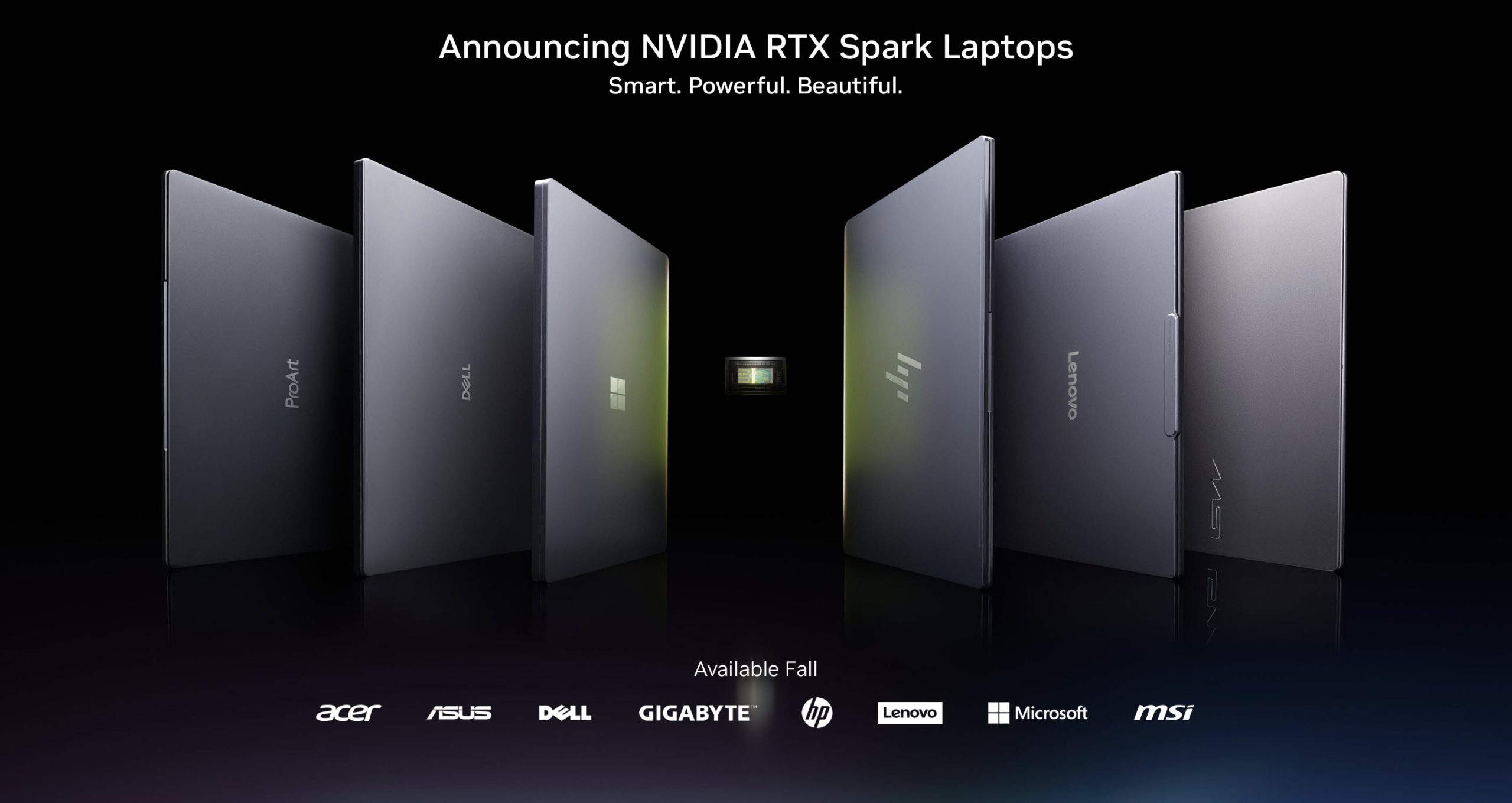 An array of sleek laptops, including models from ProArt, Dell, Lenovo, and others, are showcased alongside the text 'Announcing NVIDIA RTX Spark Laptops' and 'Available Fall,' featuring brands like Acer, ASUS, HP, Gigabyte, Microsoft, and MSI.