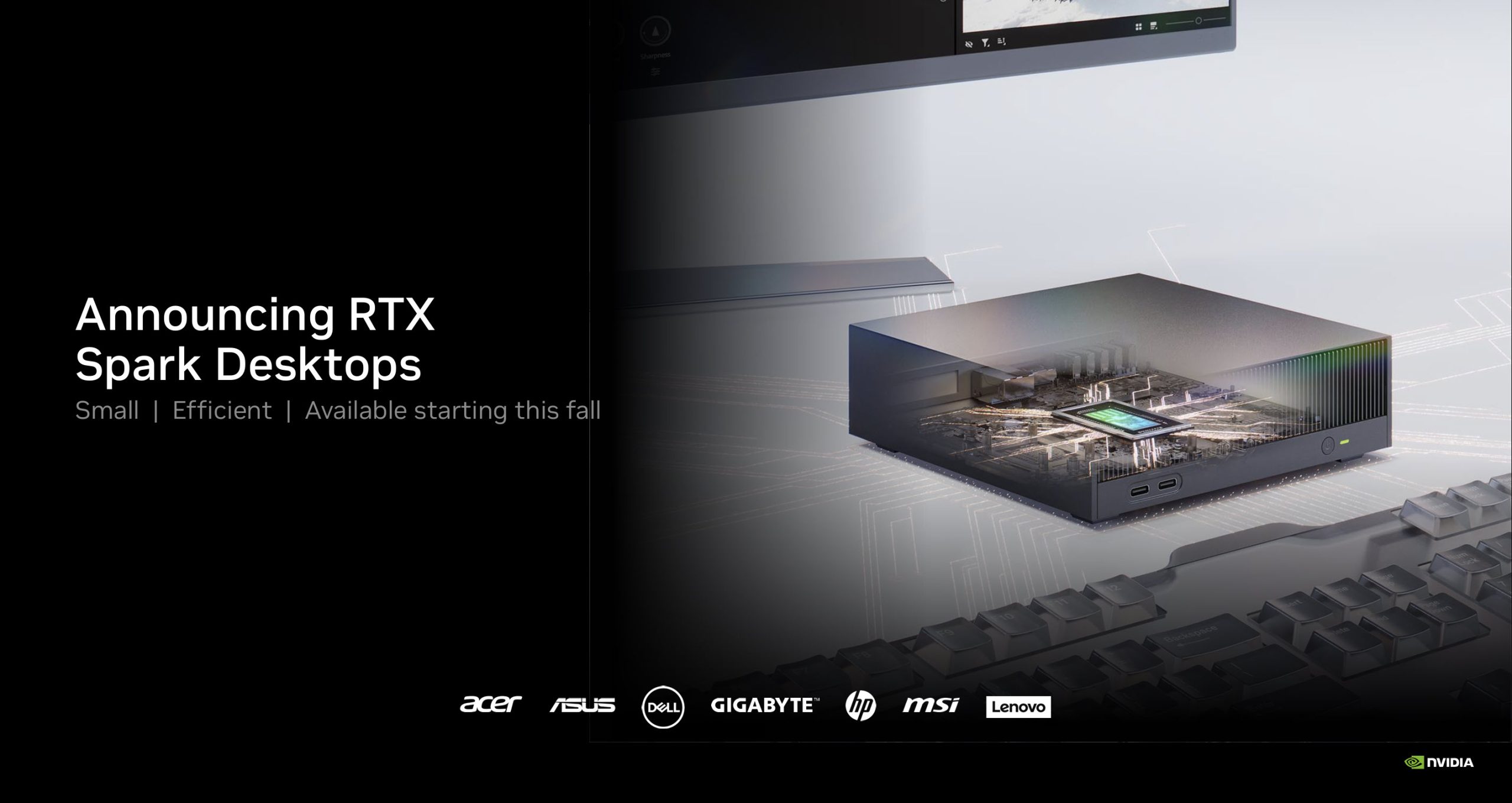 The image shows an advertisement with the text 'Announcing RTX Spark Desktops' by NVIDIA, featuring an illustrated desktop unit and logos of Acer, Asus, Dell, Gigabyte, HP, MSI, and Lenovo.