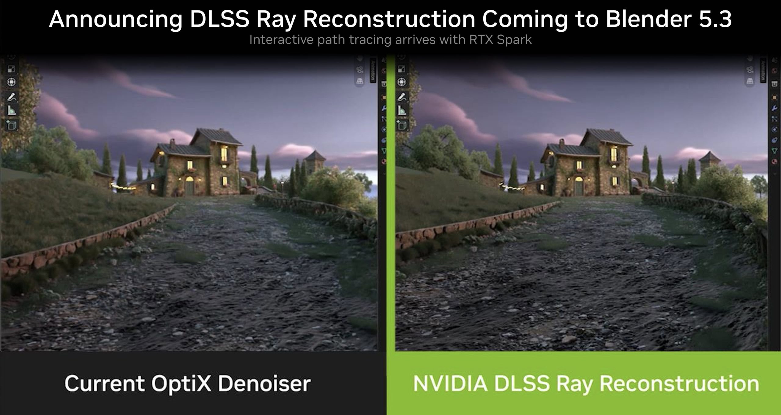 A side-by-side comparison of 'Current OptiX Denoiser' and 'NVIDIA DLSS Ray Reconstruction' in Blender 5.3 shows enhanced image quality with ray reconstruction, focusing on a rendered scene of a stone house.