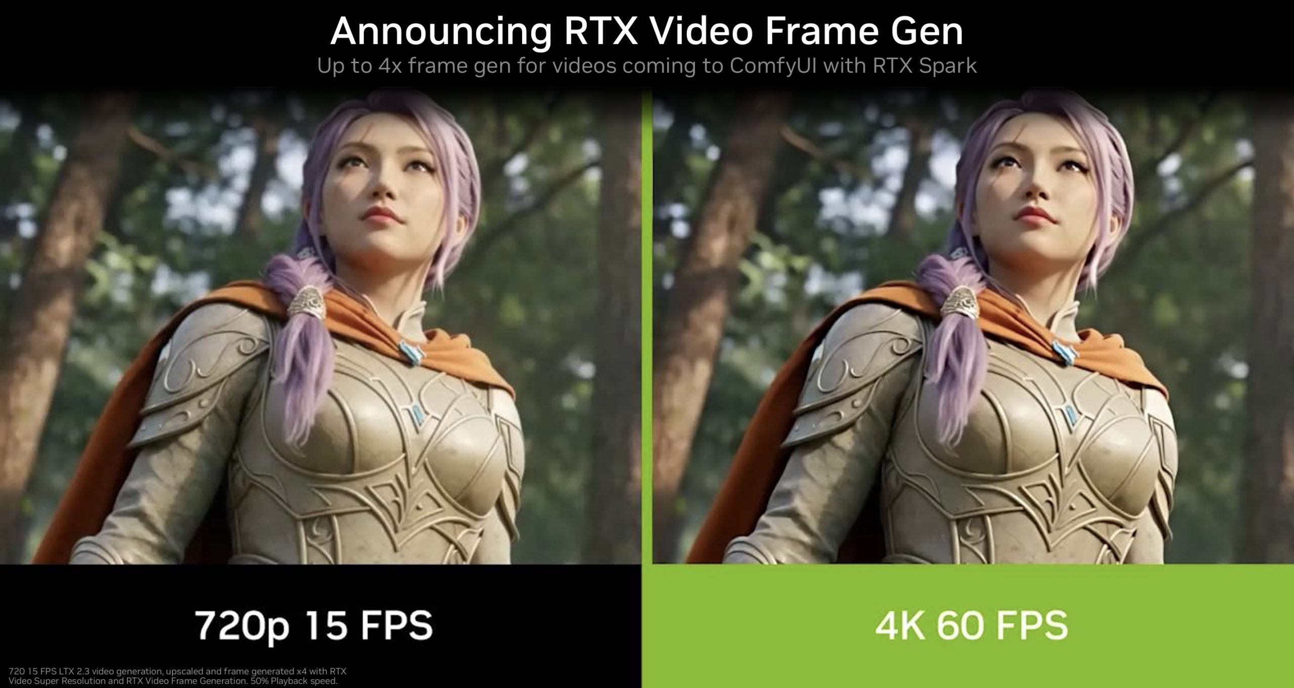 A side-by-side comparison shows a character in the game at '720p 15 FPS' on the left and '4K 60 FPS' on the right under the announcement of RTX Video Frame Generation.