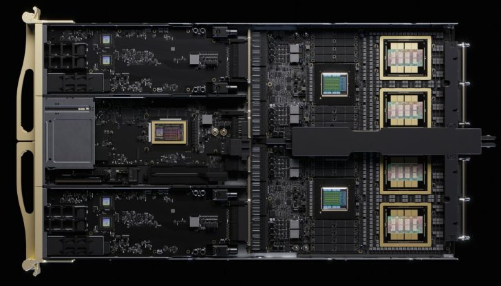 An interior view of the NVIDIA DGX GH200 supercomputer showcasing multiple interconnected GPU modules and circuit boards.